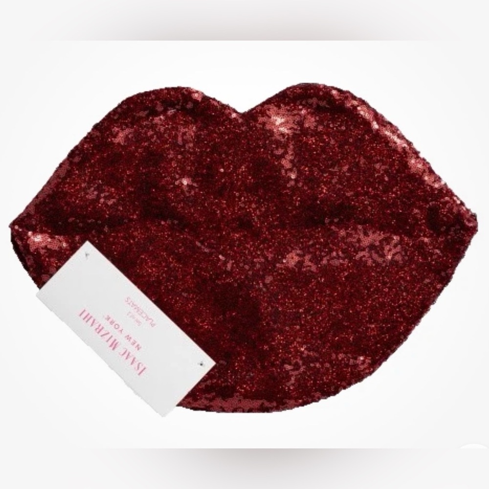 2 NEW SEQUINS LIP PLACEMATS ISAAC MIZRAHI DARK RED POLYESTER 18" X 13" DATE NITE
